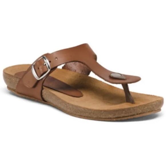 Yokono Leather Brown T Strap Thong Cork Footbed Flip Flop Adjustable Sandal 9.5 - Picture 1 of 7